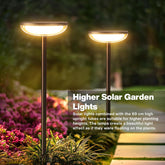 Two higher solar garden lights in a garden setting with text describing their use.